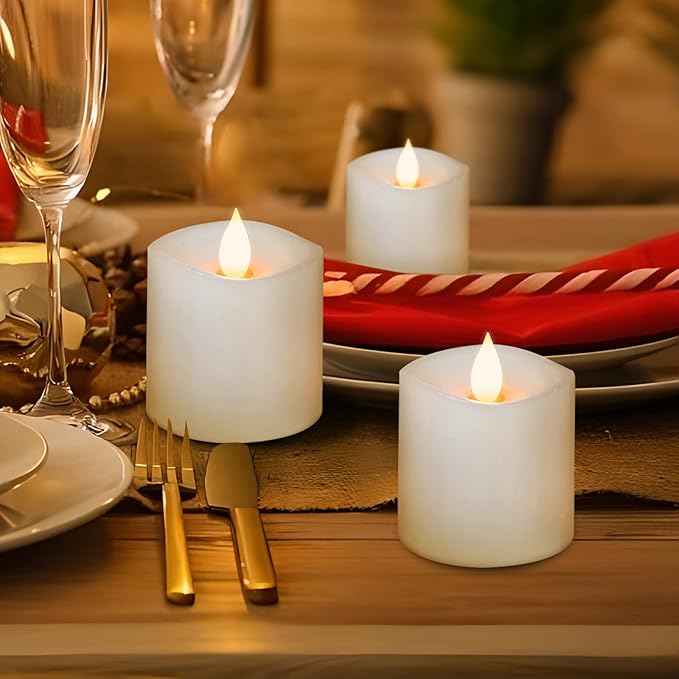3x3 Flameless Candles Set of 3, LED Battery Candles Flickering, 3 inch Flameless Candles with Remote,Battery Powered Candles,for Wedding Holiday Decorations,White