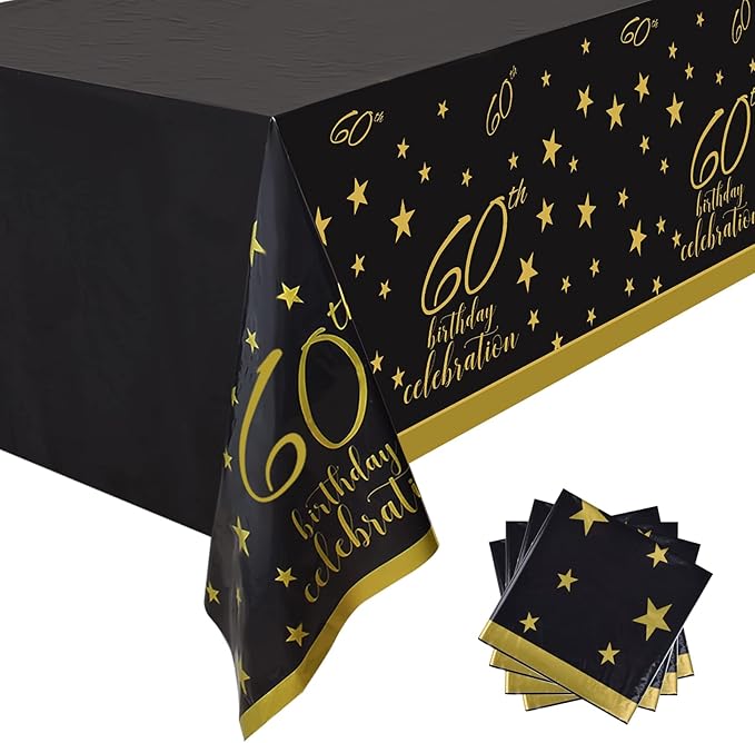 Gatherfun 60th Birthday Disposable Tablecloth 4 Pack Gold and Black Waterproof Plastic Table Cover for Men Woman 60 Birthday Party Decorations