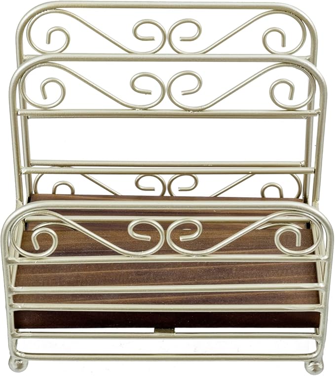 MyGift 2-in-1 Disposable Napkin and Salt & Pepper Caddy, Brass Tone Metal Vintage Scrollwork Dinner Table Paper Towel Condiment Holder with Rustic Burnt Solid Wood Base