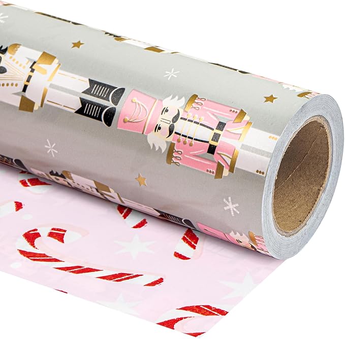 WRAPAHOLIC 30 Inch Jumbo Reversible Nutcracker Christmas Wrapping Paper - 30 Inch x 100 Feet Jumbo Roll Nutcracker and Candy Cane Design Printed on Pearlized Paper for Chrsitmas, Holiday, Party