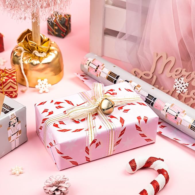 WRAPAHOLIC 30 Inch Jumbo Reversible Nutcracker Christmas Wrapping Paper - 30 Inch x 100 Feet Jumbo Roll Nutcracker and Candy Cane Design Printed on Pearlized Paper for Chrsitmas, Holiday, Party