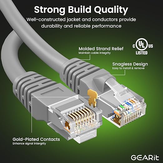 GEARit Cat 6 Ethernet Cable (5-Pack 10 Feet) Cat6 Network Patch, 10Gbps, RJ45, Snagless Cord, Gold-Plated Connectors, Internet for PC, TV, Tablet, Router, Printer, Servers, IT Data Center - Gray