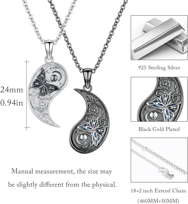 MEDWISE Butterfly Flower Yin Yang Necklace Double S925 Sterling Silver Sun Moon Pendant Partner Friendship Couples BFF Pendant Necklace Yin Yang Jewelry Matching Set for Her Women