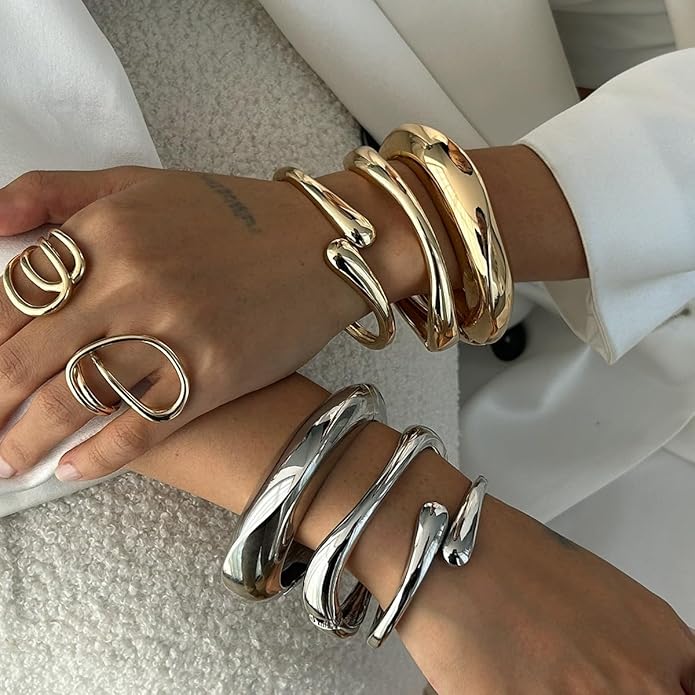Gold Bangle Bracelets for Women Teens Trendy Chunky Adjustable Twist Cuff Bracelet Jewelry Gifts