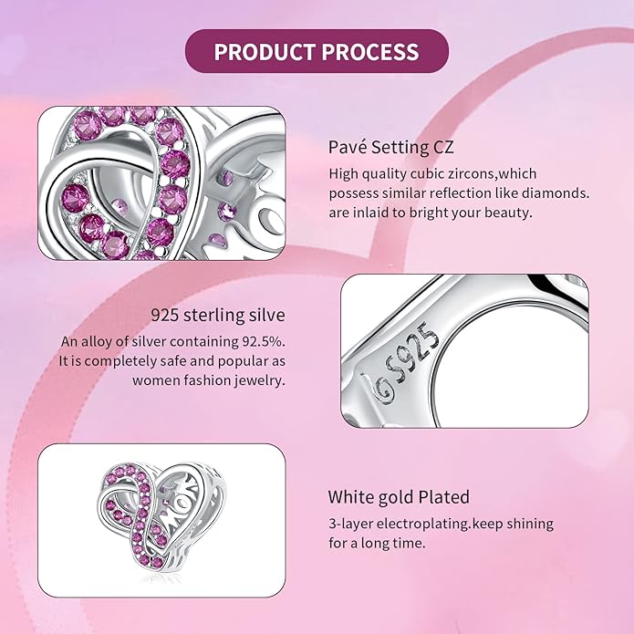 VOROCO 925 Sterling Silver mom Charm for Bracelets Necklaces pendant Charms,Infinity Love Heart Charms for Mother Birthday Christmas day Jewelry Gifts