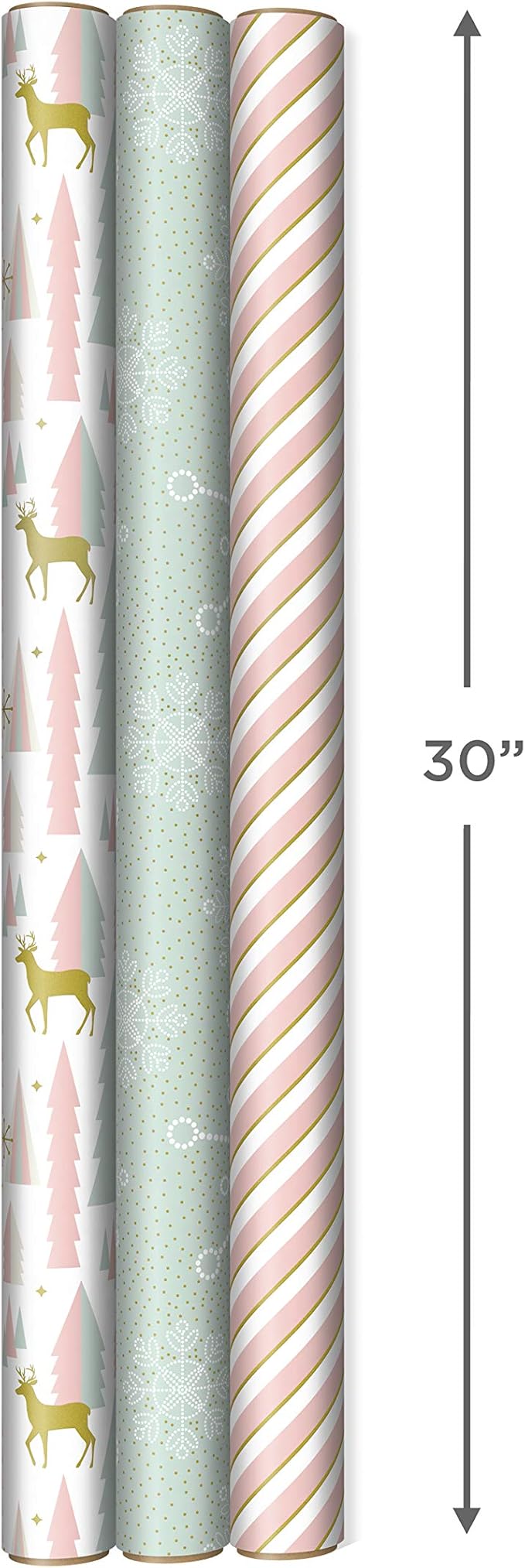 Hallmark Pink Christmas Wrapping Paper with Cut Lines on Reverse (3 Rolls: 120 sq. ft. ttl) Pink, Mint, Gold, Reindeer, Christmas Trees, Snowflakes