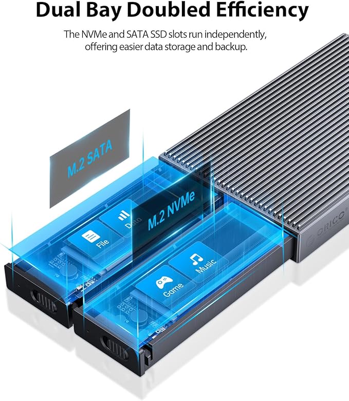 ORICO Dual M.2 NVMe SATA SSD Enclosure, USB C to M2 Adapter for M Key PCIe & B+M Key 2230/2242/2260/2280 SSDs,Tool-Free Installation Aluminum SSDs Reader Support Trim and UASP up to 2x4TB-BM2-2SN
