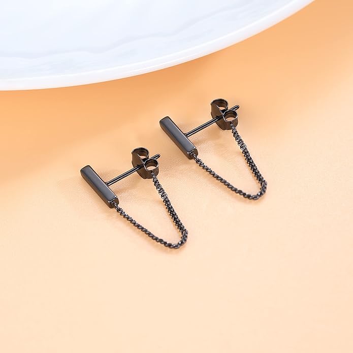 Reffeer Solid 925 Sterling Silver Stud Earrings Minimalist Bar Earrings with Chain Dangle Earrings For Women
