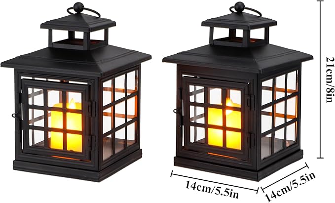 TRIROCKS Set of 2 Decorative Candle Lantern Metal Candle Holder Hanging Lantern Perfect for Home Decor Halloween Living Room Parties Events Tabletop Indoors Outdoors (Black)