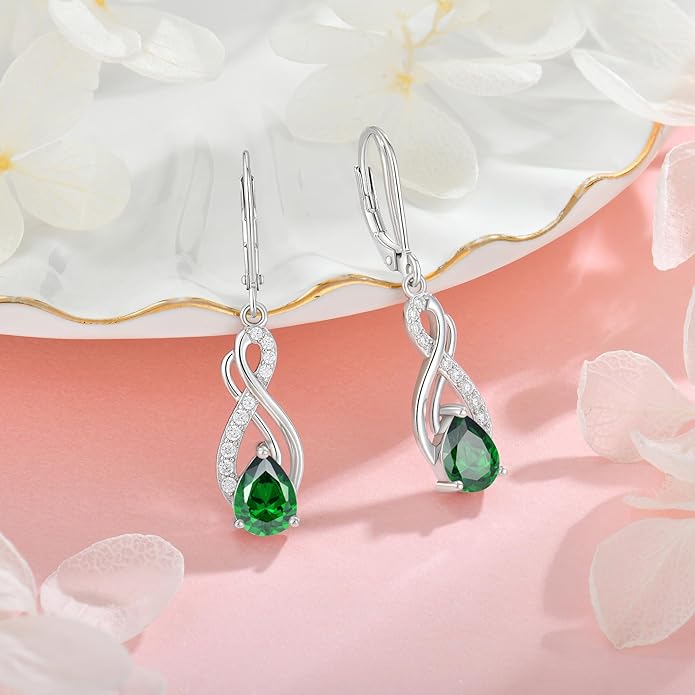Infinity Love Birthstone Earrings for Women 925 Strling Silver 5A Cubic Zirconia Dangle Drop Leveback Earrings Jewelry Birthday Christmas Day Gifts for Her