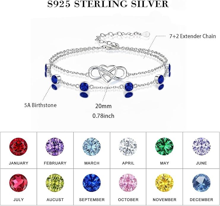 Prismata Infinity Birthstone Charm Link Bracelet 925 Sterling Silver Adjustable 12 Months Birthstone Infinity Bracelet Birthday Jewelry Gifts for Women Mom Her,with 7"+2" chain