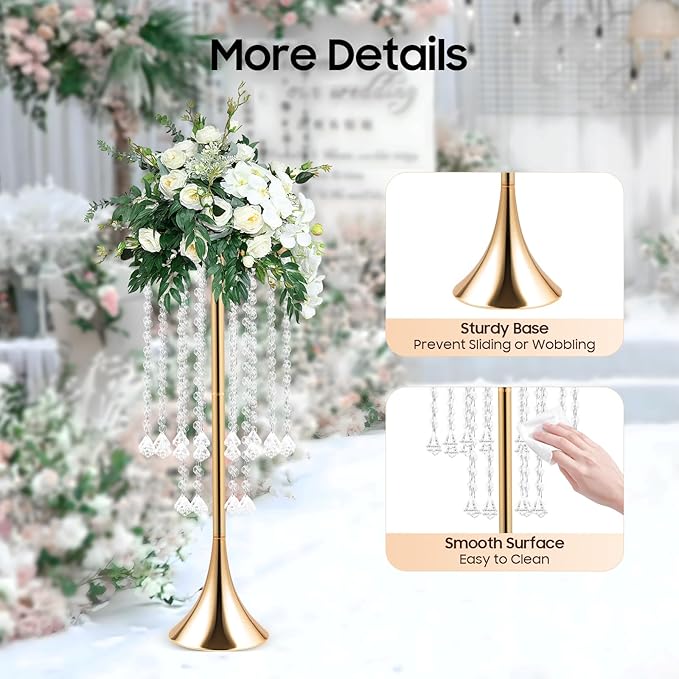 Wedding Centerpieces Gold Vases,10PCS Metal Flower Candle Holder with Sparkling Crystal Beads,Crystal Flower Vase Metal Flowers Stand for Party Tables Decorations (Gold 10PCS Height 21.9in)