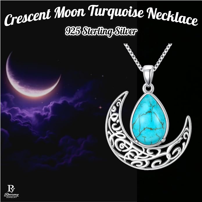RMREWY Genuine Turquoise Crescent Moon Teardrop Pendant Necklace,925 Sterling Silver Native American Boho Western Dainty Pendant Real Gemstone Jewelry Birthdays Gift for Women Moon Lover