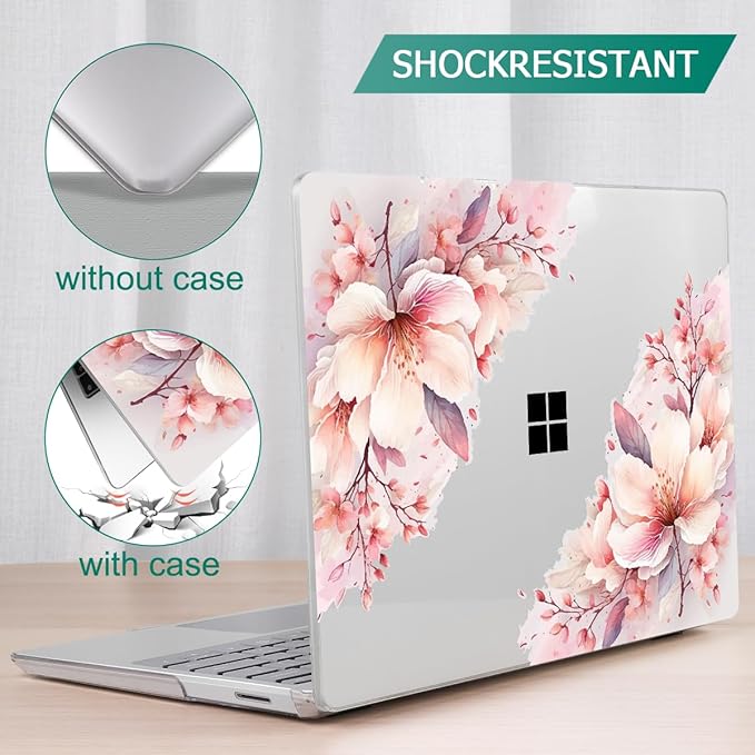 Tuiklol Case for 15 Inch Microsoft Surface Laptop 5/4/3 2022-2020, Model 1979/1953/1872/1873 Hard Shell Cover, Keyboard Cover+Screen Protector+Dust Plugs,Pink Big Flower
