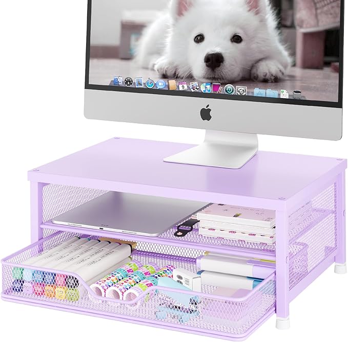 Desk Organizers and Accessories, 2-Tier Computer Monitor Stand Riser with Drawer, Laptop Stand, Office Desk Accessories, Workspace Desktop Organizer for Office Supplies, Purple
