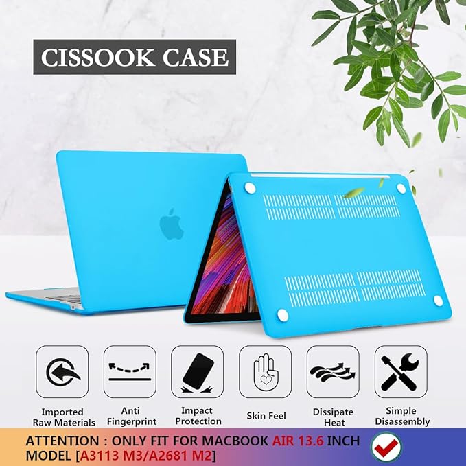 CISSOOK for MacBook Air 13.6 inch 2022 2024 2025 Release M2 M3 Chip Model A2681 A3113, Plastic Hard Shell Case for MacBook Air 13.6 inch M2 M3 with Keyboard Cover Screen Protector, Frosted Sky Blue