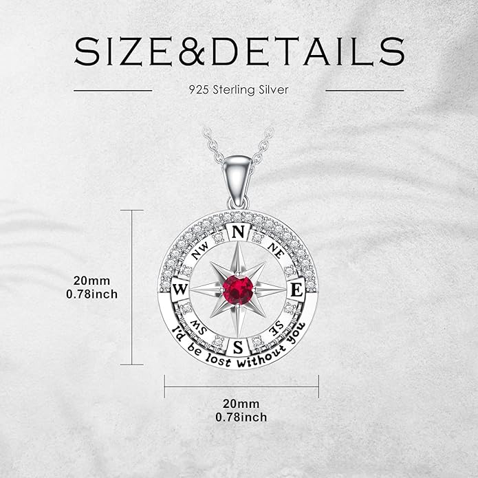 Compass Birthstone Necklace Gift for 2025 Graduation 925 Sterling Silver Compass ‘I'd be Lost Without You’ Pendant Necklaces Jewelry for Women Her Wife Gift for Birthday Anniversary