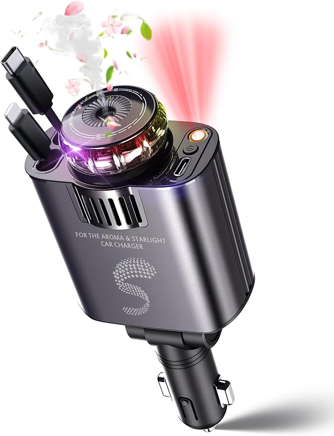 Retractable Car Charger USB C Fast Charging 120W, Car Accessories Cigarette Lighter Adapter with Aromatherapy Starlight, Car Charger iPhone16 15 14 13 12 11 Essentials Gift for Travelers, Men, Women