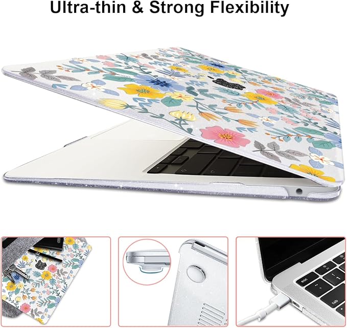 for MacBook Pro 13-inch Case 2022 2021 2020-2016 Release M2 M1 Chip A2338 A2251 A2289 A2159 A1989 A1706, Shiny Clear Pattern Plastic Hard Shell Case Keyboard Cover Screen Film, Flowers L213