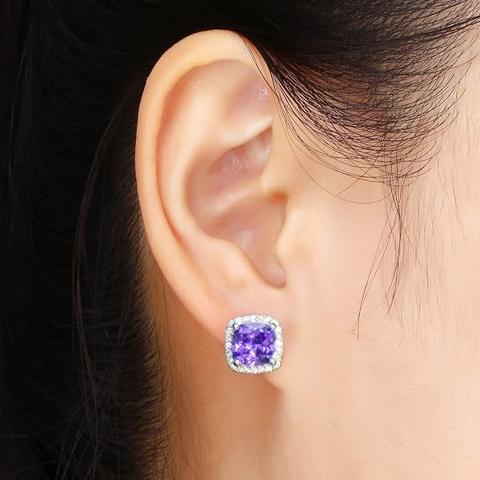 YOMELA Cubic Zirconia Earrings Studs, Halo CZ Birthstone Simulated Diamond Stud Earrings for Women