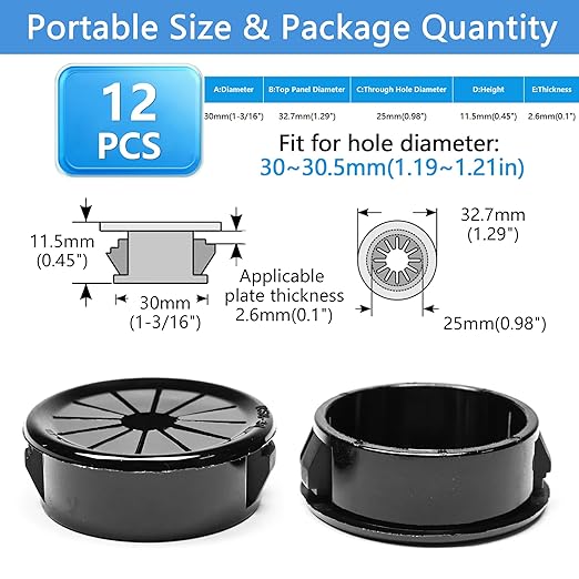 12 Pcs Cable Grommet, Snap Bushing 1-3/16" (30 mm) Mounting Diameter, Flexible Petal-Shaped Buckle Round Nylon Desk Grommet for Wires Through Countertop Cord Organizer and Protection, Black