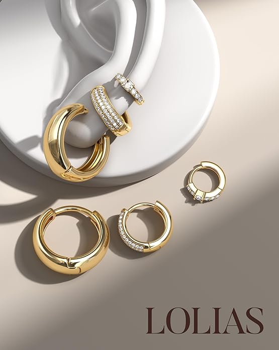 LOLIAS Small 14K Gold Plated Chunky Hoop Earrings for Women Hypoallergenic Silver Earrings Set for Sensitive Ears Non Tarnish Huggie Hoops Earring Stacks for Multiple Piercing Jewelry Lightweight 3Pairs