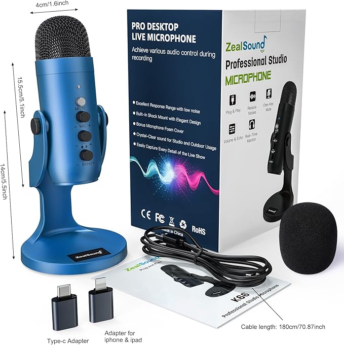 ZealSound USB Microphone,Condenser Gaming Mic for Phone/Laptop/PC/PS4/5/Computer,Microphone with Gain Knob,LED Mute,Monitor Volume Adjustment,Stand Base for Streaming, Podcast, Studio Recording (Blue)