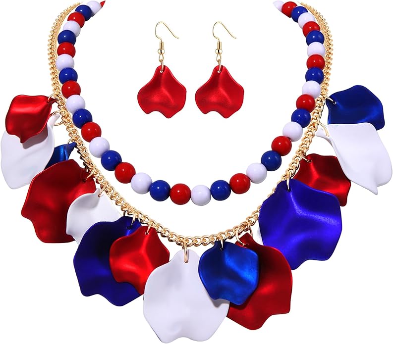 Flower Petal Necklace Earrings Set Layered Statement Beaded Jewelry Set for Women Summer Necklace Earrings