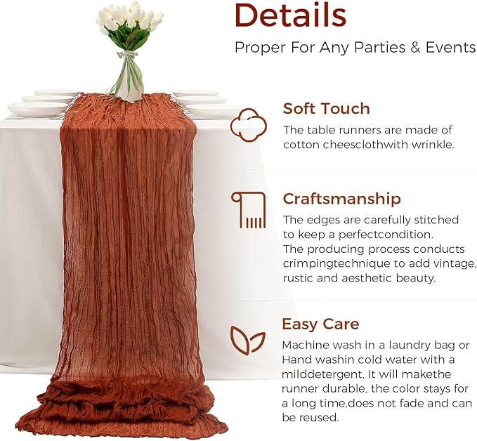 6 Pack Cheesecloth Table Runner 10Ft Boho Gauze Table Runner Cheese Cloth Long Rustic Sheer Table Runner for Wedding Bridal Baby Shower Birthday Party Cake Table Arbor Decorations (Terracotta)