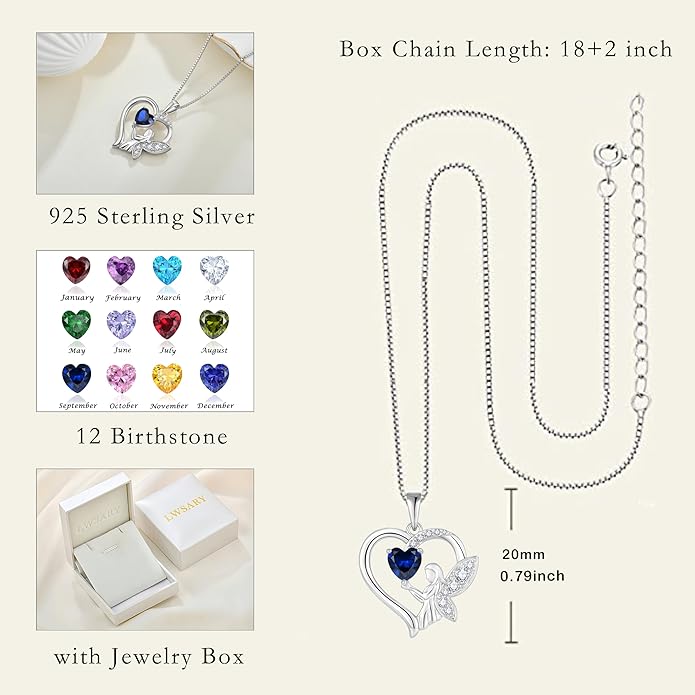Guardian Angel Necklace 925 Sterling Silver Heart Angel Wings Pendant Birthstone Jewelry for Women
