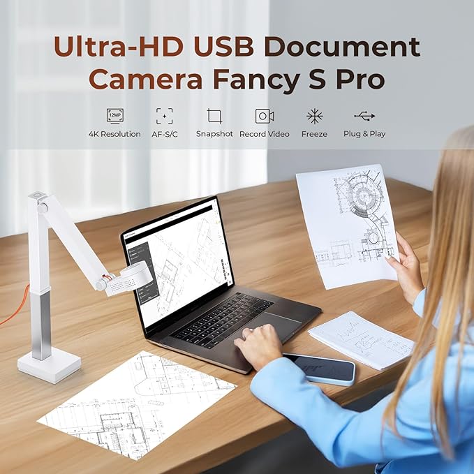 CZUR Fancy S Pro USB Document Camera for Teacher, 12MP 4K Webcam with Microphone and LED Light, Up to 60fps, Auto Focus, for Remote Teaching, Web Conference, for Mac and Windows, White