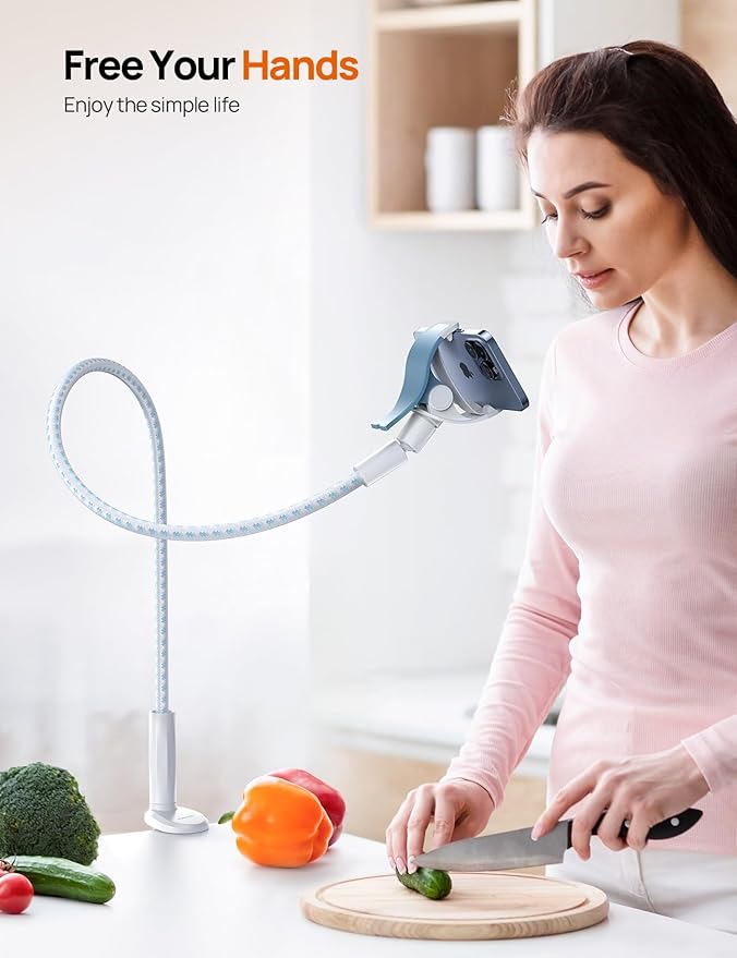 Gooseneck Phone Holder for Bed - [Upgrade Nylon Braid] 38” Flexible Lazy Arm Clip, 360 Adjustable Overhead Phone Mount for iPhone 16 15 14 13 12 11 Pro Max Mini Plus, 4-7" Cellphone - White