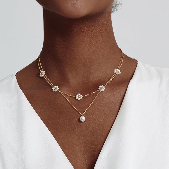 OGD Gold Pearl Necklaces Set for Women 14K Gold Plated Dainty Layered Pearl Cute Daisy Pearl Choker Gold Necklace Gifts for Women Gold Trendy Jewelry Gifts