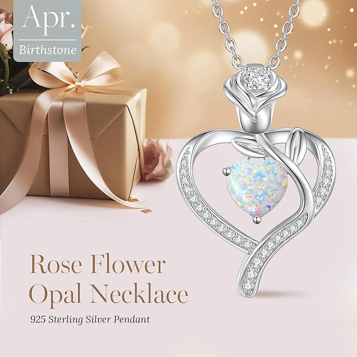 LOUISA SECRET Rose Flower Heart Birthstone Necklaces for Women, 925 Sterling Silver Fine Jewelry, Pendant Heart Necklaces Birthday Anniversary Christmas Gift for Women Wife Mom Girlfriend Lady