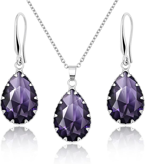 Linawe Crystal Jewelry Sets for Women, Imitation Diamond Pendant Necklace, Rhinestone Drop Dangle Earrings, Birthstone Cubic Zirconia Matching Wedding Jewelry, 14K Gold/Rose Gold/Silver Tones
