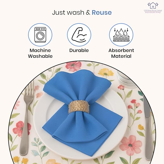 LFH Home Cotton Rich Metered Napkins for Dining Table Set of 12, Elegant Cloth Napkins for Wedding Party or Everyday Use Machine Washable Durable Reusable and Soft for Hosting 18x18 Inch - Light Blue