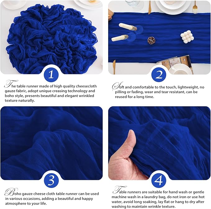 10 Pack Royal Blue Table Runner 120 Inch Cheesecloth Table Runner 10FT Boho Gauze Table Runner Long Cheese Cloth Table Runner Semi Sheer Runners for Wedding Bridal Baby Shower Party