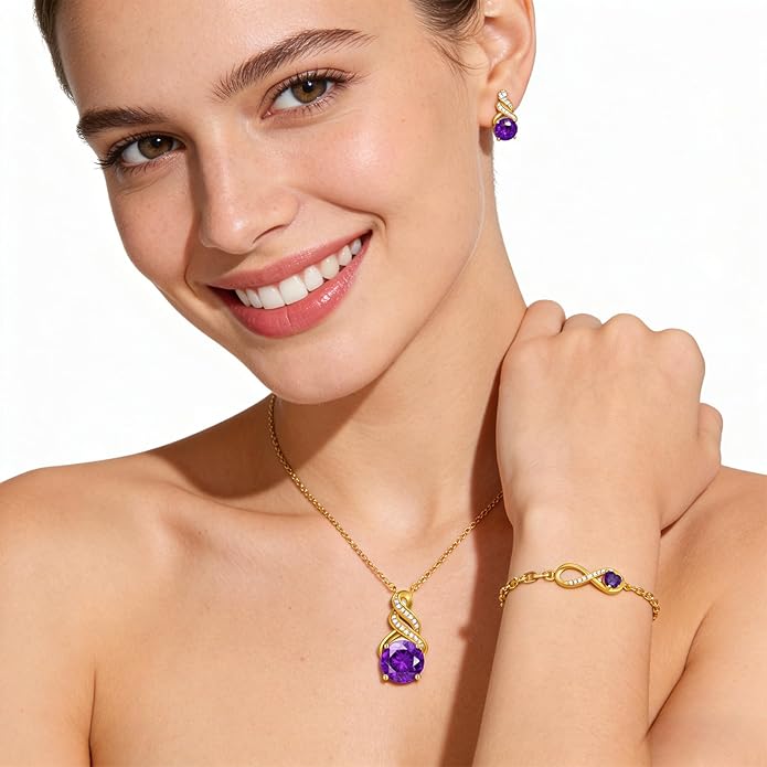 Jewelry Sets for Women-18K Gold Plated Dainty Birthstone Pendant,Trendy Necklace Earrings Infinity Bracelets Set,Ideal Jewelry Gifts for Her Mom