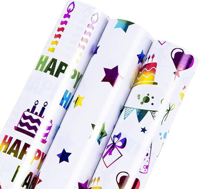 Linnoptimix Birthday Wrapping Paper Roll -3 LARGE ROLL-27inch*78 inch per roll Colorful Foil wrapping paper (Birthday 3 White/Colorful Foil（009）)