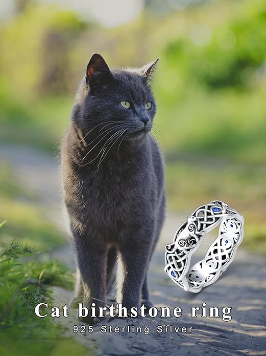 Seiyang Celtic Cat Ring 925 Sterling Silver Irish Trinity Knot Celtic Cat Wedding Promise Ring with 12 Months Birthstone Irish Lucky Jewelry Gifts for Women Mom Her