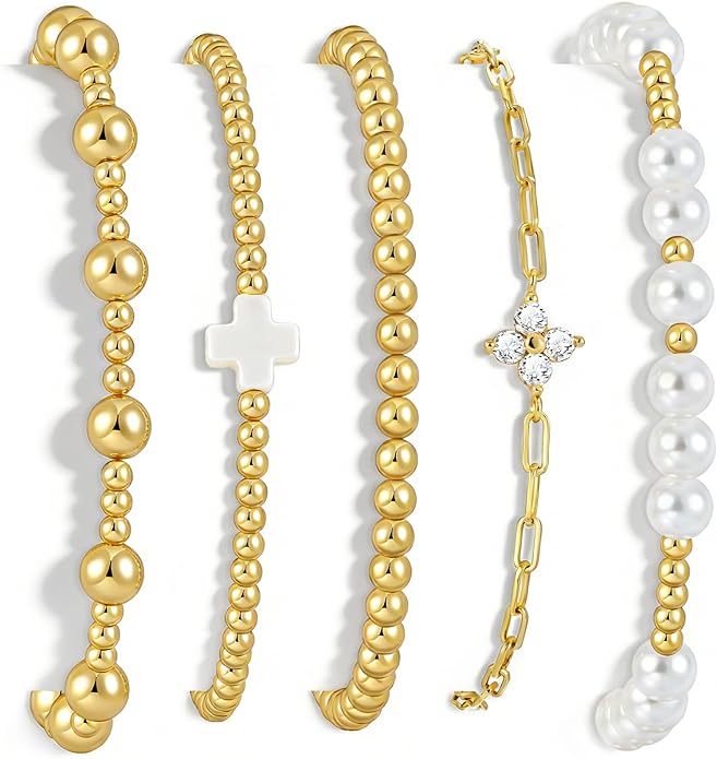 Valentines Day Gifts for Her Teen Wife Gold Beaded Bracelets for Women, 5 Pcs Dainty 14K Gold Plated Chunky Stretch Bead Ball Bracelet Stack