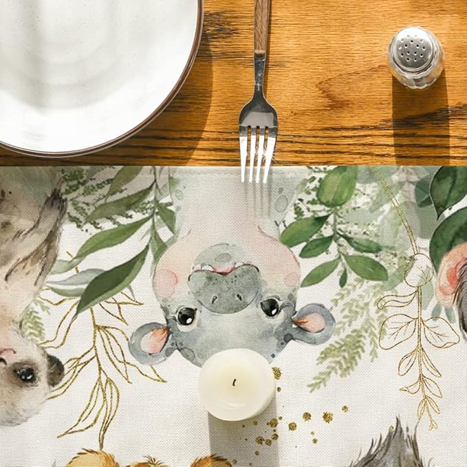 Artoid Mode Animals Elephant Giraffe Baby Shower Table Runner, Seasonal Spring Summer Kitchen Dining Table for Home Party Decor 13x48 Inch