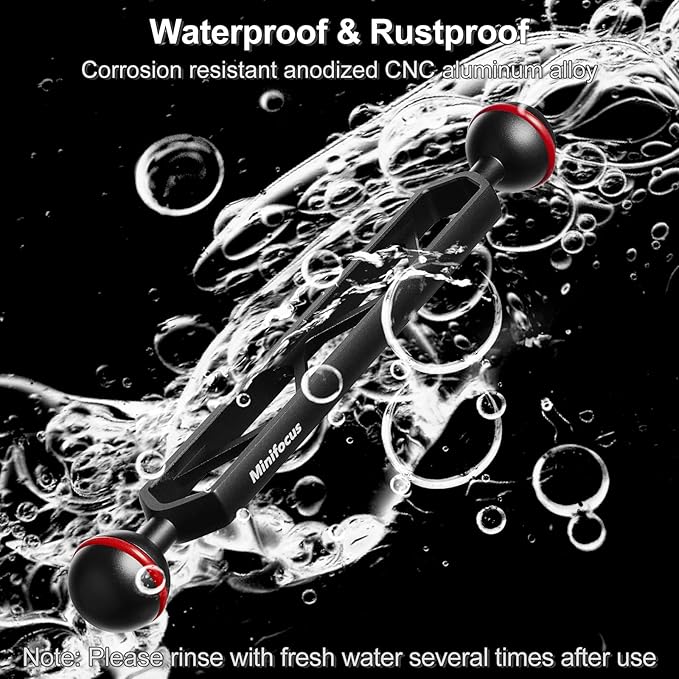 MINIFOCUS 8" Double Aluminum Extension Arm, 1" Ball Head Connector Underwater CNC Arm System Ball Head Extension for Strobe/Video Light/Diving Camera Tray, Waterproof and Rustproof (2pack)