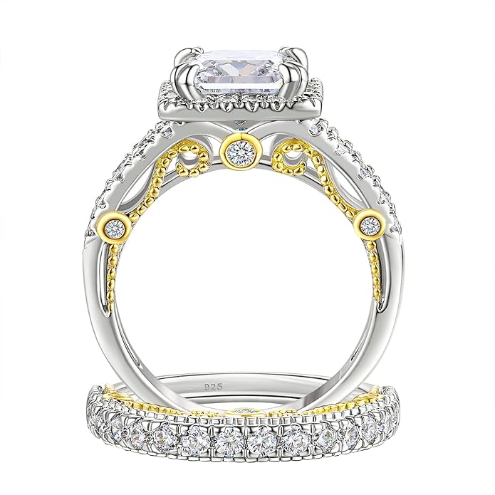 Wuziwen Princess Cut Engagement Rings for Women Sterling Silver Cubic Zirconia Wedding Bridal Ring Set