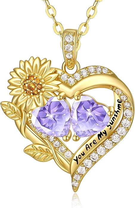 Sunflower Heart Necklace for Women 14K Gold Exquisite Valentines Day Anniversary Birthday Gifts for Wife Mother Her Double Birthstone Pendant Jewelry‘You Are My Sunshine’