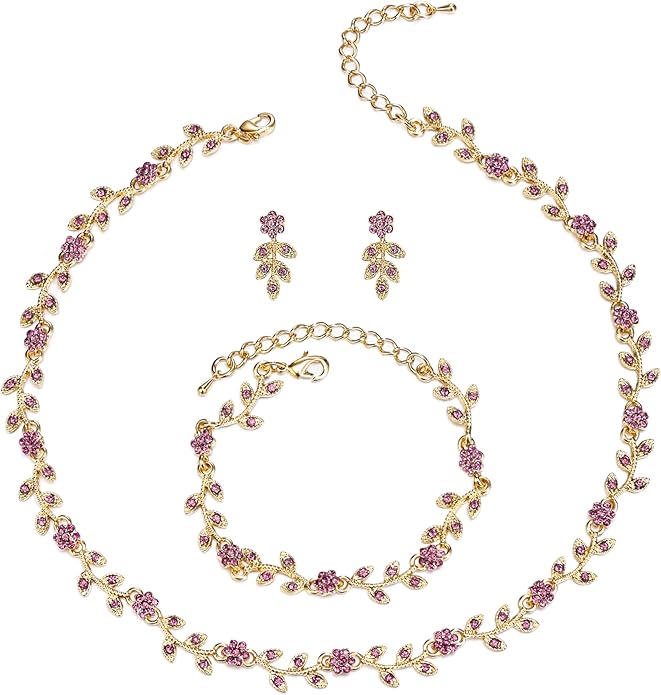 BriLove Wedding Jewelry Set for Women Bride, Gorgeous Stunning Crystal Flower Leaf Cluster Choker Necklace Link Bracelet Stud Earrings Bridal Bridesmaid