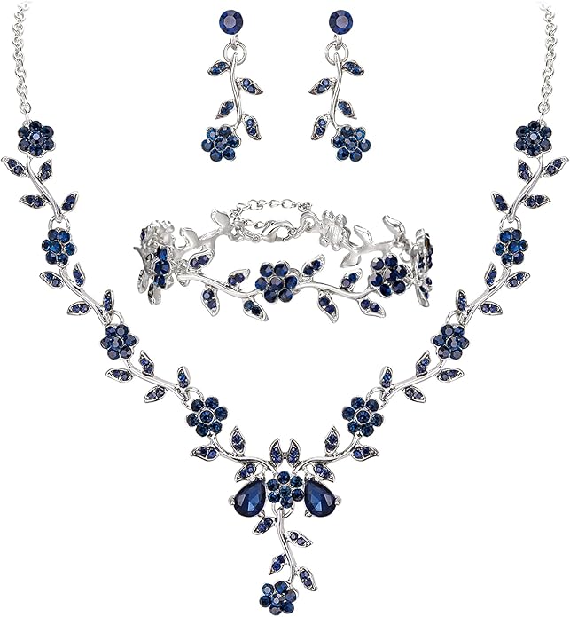 BriLove Women's Wedding Jewelry Leaf Cluster Flower Crystal Dangle Earrings Pendant Necklace Set for Bridal