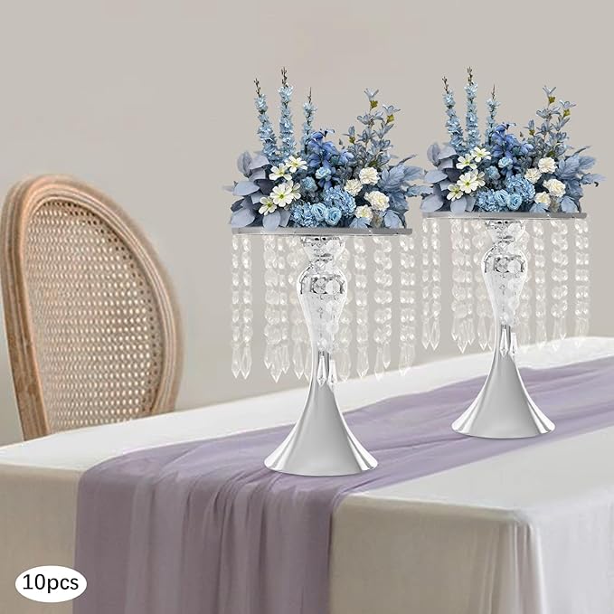 Wedding Centerpieces Sliver Vases,10PCS Metal Flower Candle Holder with Sparkling Crystal Beads,Crystal Flower Vase Metal Flowers Stand for Party Tables Decorations