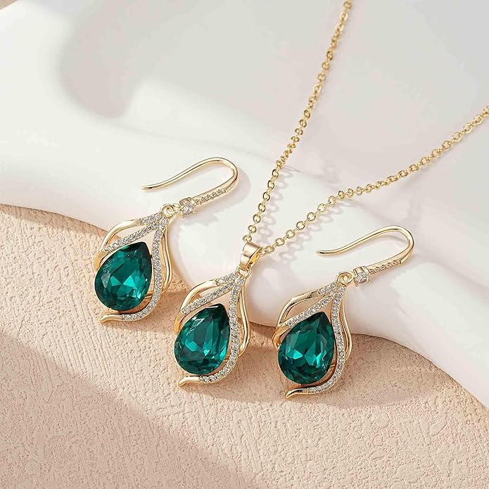 EVEVIC Austrian Crystals Teardrop Hollow Twisted Pendant Necklace Earrings for Women 14K Gold Plated Halo Drop Dangle Earrings Hypoallergenic Jewelry Set