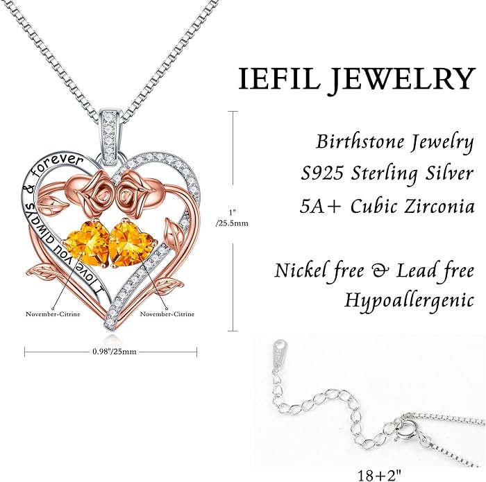 Iefil Valentines Gifts for Her Wife Women - Rose Heart Double Birthstone Necklace Gift for Wife Girlfriend Her Women, Birthstone Jewelry Gemstone Birthday Gifts for Mom Grandma Her